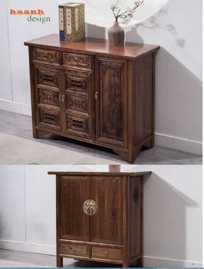 Tủ giày dép gỗ tự nhiên giả cổ chạm họa tiết - TGG 006