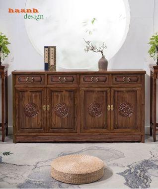 Tủ giày dép gỗ tự nhiên giả cổ chạm họa tiết - TGG 006