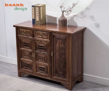 Tủ giày dép gỗ tự nhiên giả cổ chạm họa tiết - TGG 006