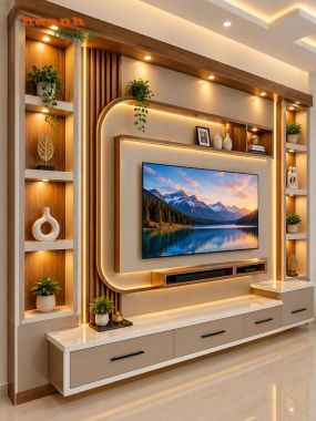 Tủ trang trí kết hợp kệ tivi nâu phối kem - TPK 020
