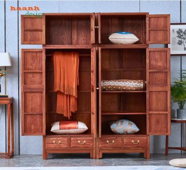 Tủ gỗ đựng quần áo gỗ gõ đỏ phong cách Trung Quốc giả cổ-TAG 014