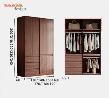 Tủ Quần Áo Gỗ Óc Chó Cao Cấp Thiết Kế Hiện Đại Tiện Nghi-TAH 013