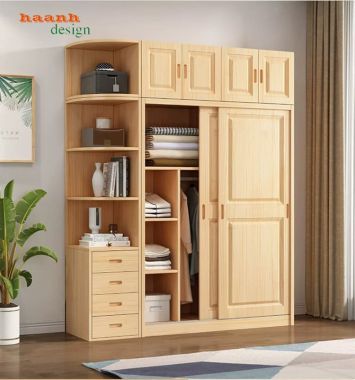 Tủ quần áo trẻ em gỗ tự nhiên kết hợp kệ mở - TQA 006