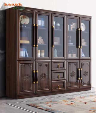 Tủ đựng sách bằng gỗ tự nhiên thiết kế cánh chạm tinh xảo-TSC 005