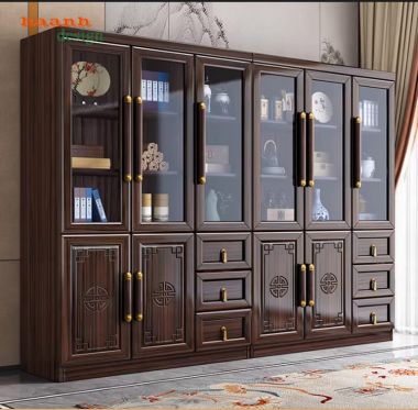 Tủ đựng sách bằng gỗ tự nhiên thiết kế cánh chạm tinh xảo-TSC 005
