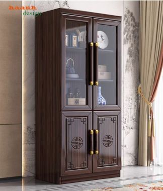 Tủ đựng sách bằng gỗ tự nhiên thiết kế cánh chạm tinh xảo-TSC 005