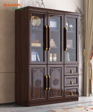 Tủ đựng sách bằng gỗ tự nhiên thiết kế cánh chạm tinh xảo-TSC 005