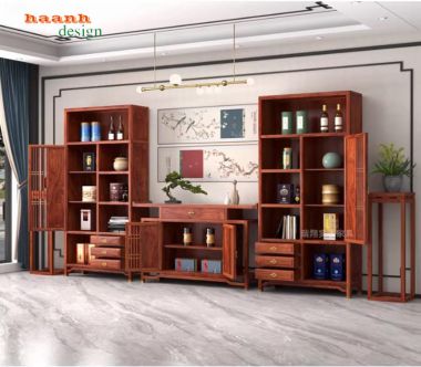 Kệ trang trí phòng khách gỗ hương Nam Phi chuẩn Á Đông-TGC 006