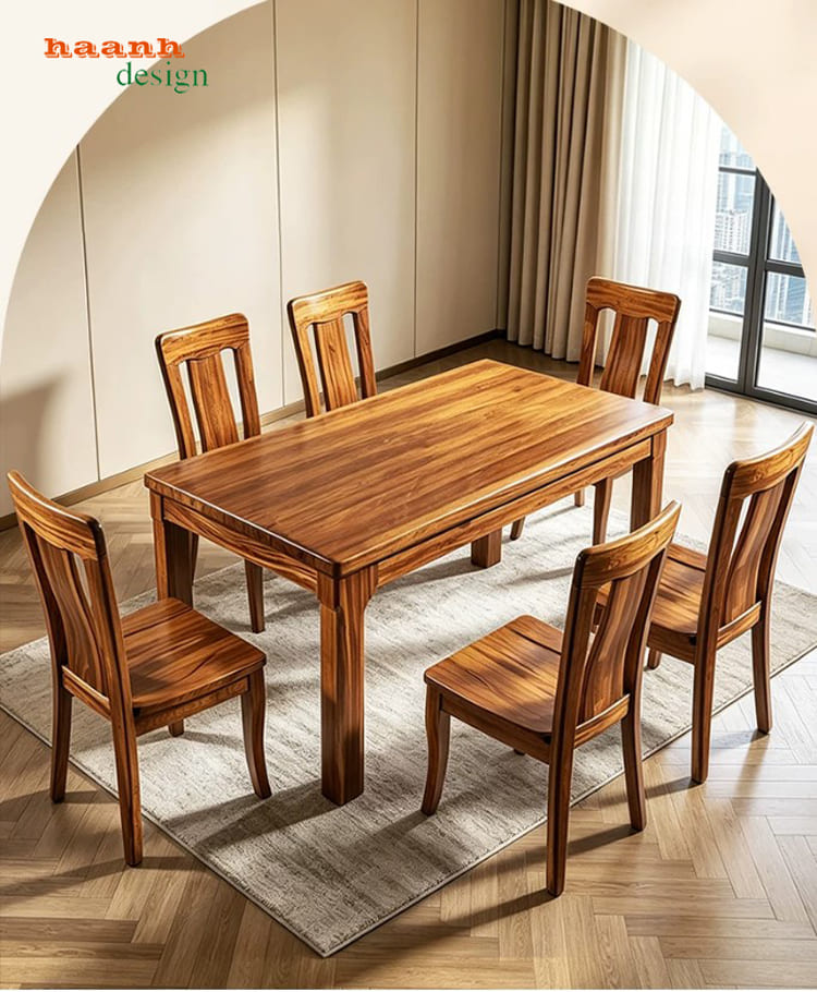 Bộ bàn ghế ăn gỗ tự nhiên BGA 014 Bàn ghế ăn gỗ tự nhiên BGA 014 gồm bàn chữ nhật và 6 ghế