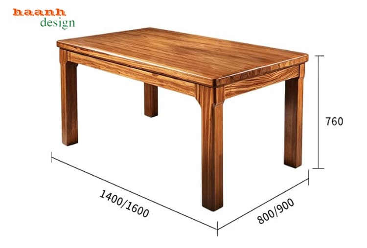 Kích thước bàn ăn BGA 014 Kích thước bàn BGA 014 dài 1400 hoặc 1600 mm rộng 800 hoặc 900 mm cao 760 mm