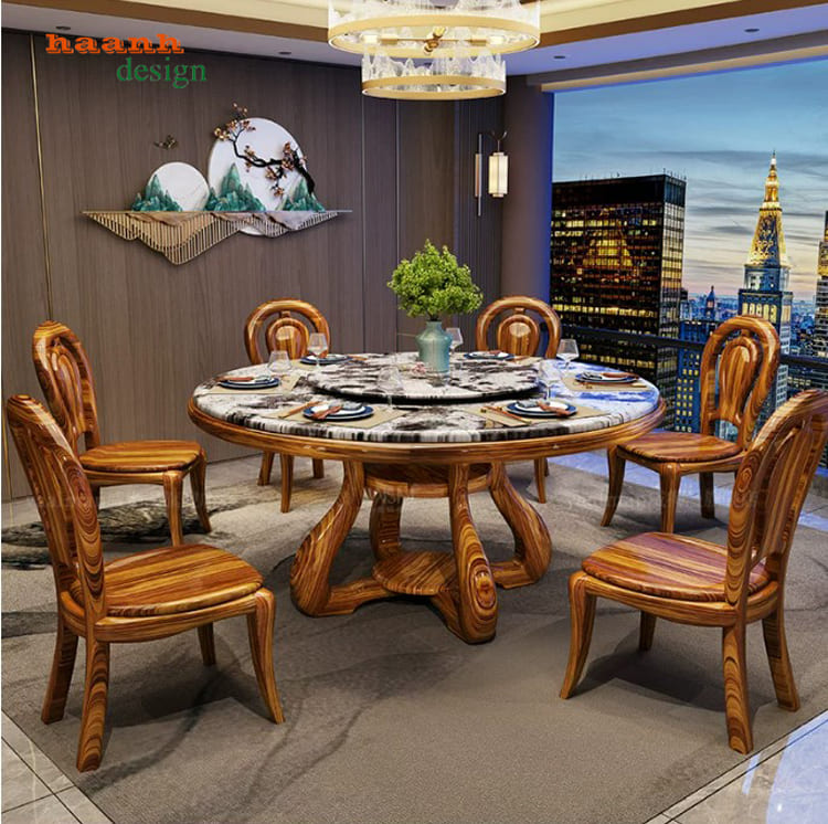 Bàn ghế nhà hàng tân cổ điển bàn tròn mâm xoay - NHT 008