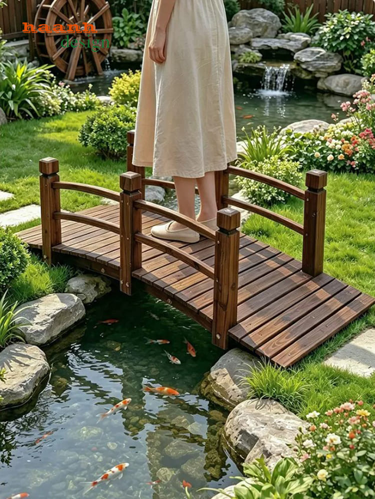 CGN 014 - bối cảnh hồ cá Cầu gỗ sân vườn CGN 014 bắc qua hồ cá
