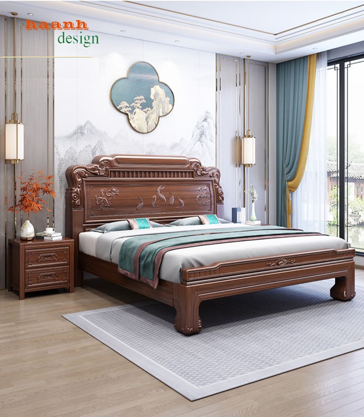 Giường ngủ gỗ tự nhiên giả cổ phong cách á đông GNC 001