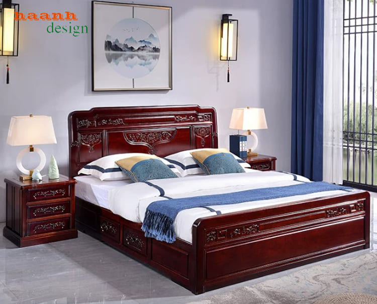 Giường ngủ gỗ tự nhiên giả cổ chạm hoa văn - GNC 016