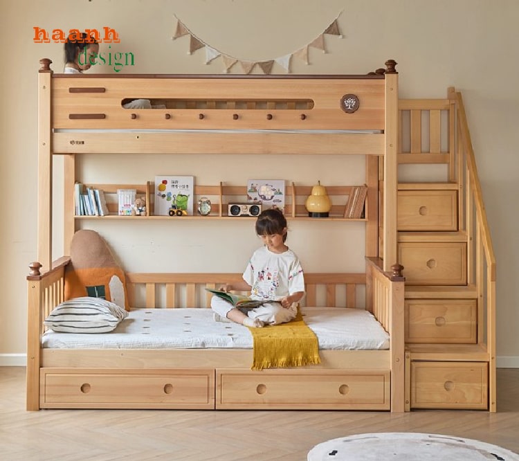 Giường 2 tầng cho bé có lan can chắn an toàn, thiết kế tinh tế.