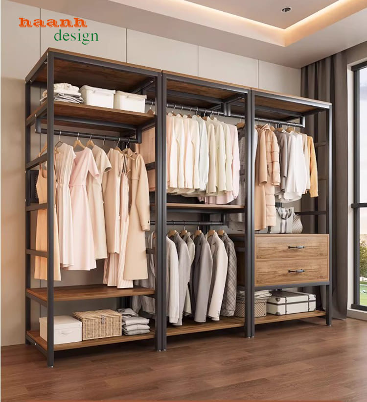 Kệ khung sắt treo quần áo kết hợp gỗ chống ẩm nhập khẩu-KST 010