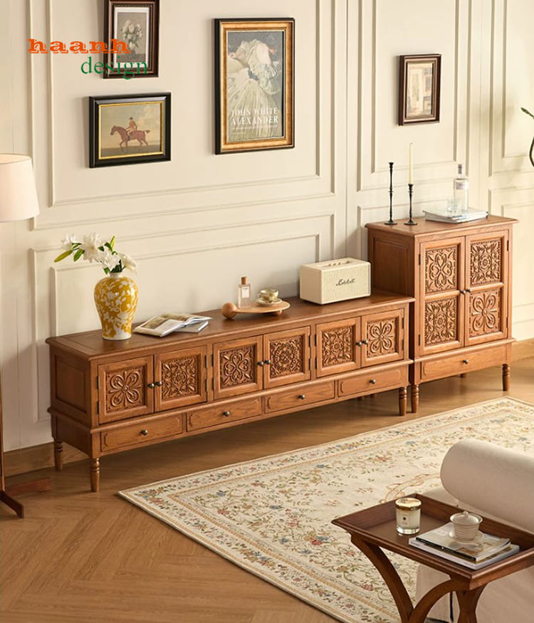 Kệ tivi tân cổ điển gỗ tự nhiên cao cấp phong cách Mỹ-KTD 010