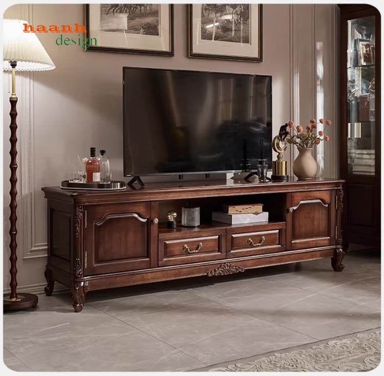 Mẫu kệ tivi gỗ đẹp gỗ gụ tự nhiên cao cấp kiểu dáng Mỹ-KTD 009