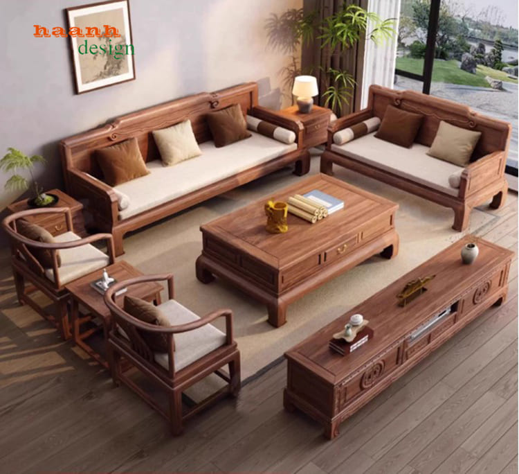 bàn ghế sofa gỗ óc chó hiện đại phòng khách