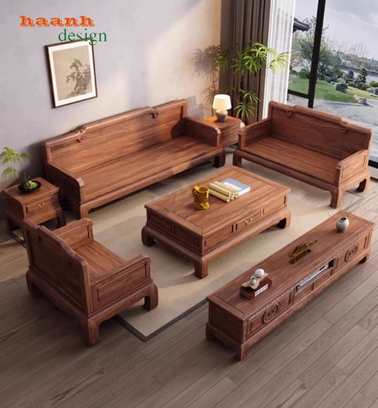 bàn ghế phòng khách gỗ óc chó kiểu trung hoa