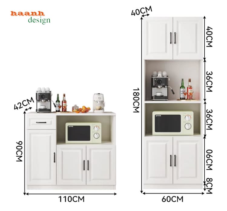 K&iacute;ch thước tủ thấp 110 x 42 x 90 cm v&agrave; th&aacute;p 60 x 40 x 180 cm