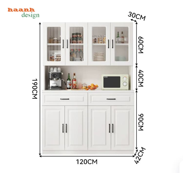 K&iacute;ch thước tủ lưu trữ ph&ograve;ng ăn m&agrave;u trắng rộng 120 cm hai ngăn k&eacute;o