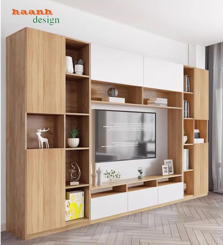 tủ tường gỗ công nghiệp cho phòng khách hiện đại