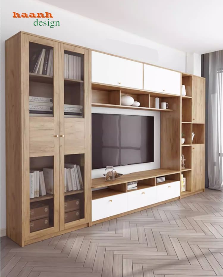 tủ tường gỗ công nghiệp kết hợp kệ tivi phòng khách
