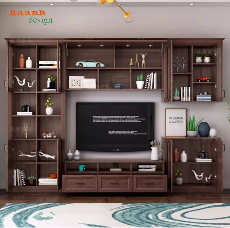 Các mẫu tủ tường bằng gỗ phòng khách đẹp