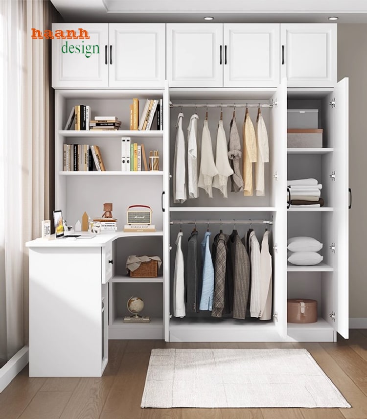 tủ quần áo gỗ cho trẻ em thiết kế kết hợp bàn học hiện đại