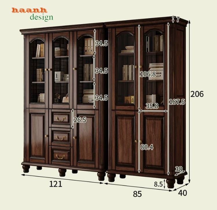 Kích thước tủ sách TST 010 Kích thước tủ sách tân cổ điển cánh kính TST 010