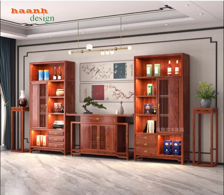 kệ gỗ trang trí phòng khách gỗ hương tự nhiên