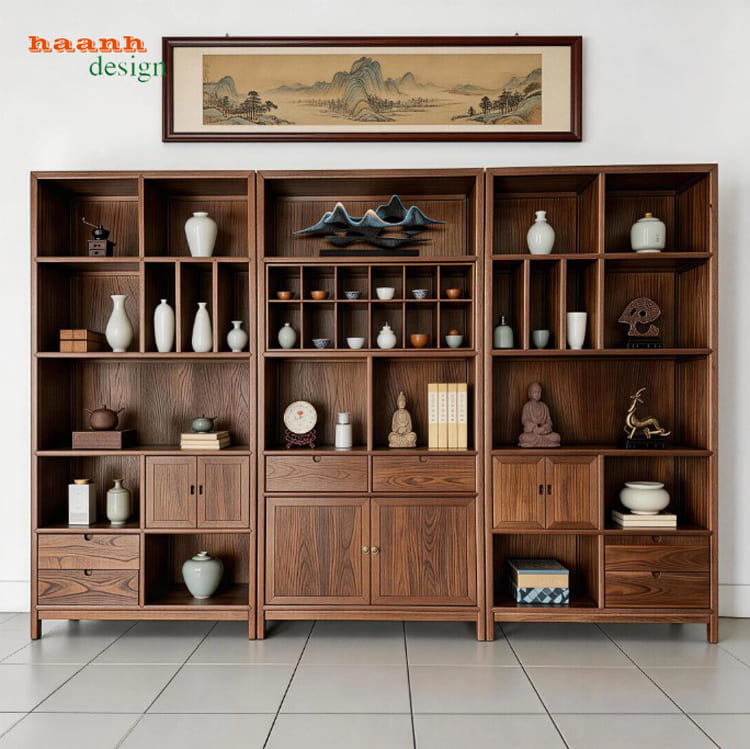 Bố trí khoang trưng bày TGC 009 TGC 009 bố trí nhiều khoang mở và cánh tủ