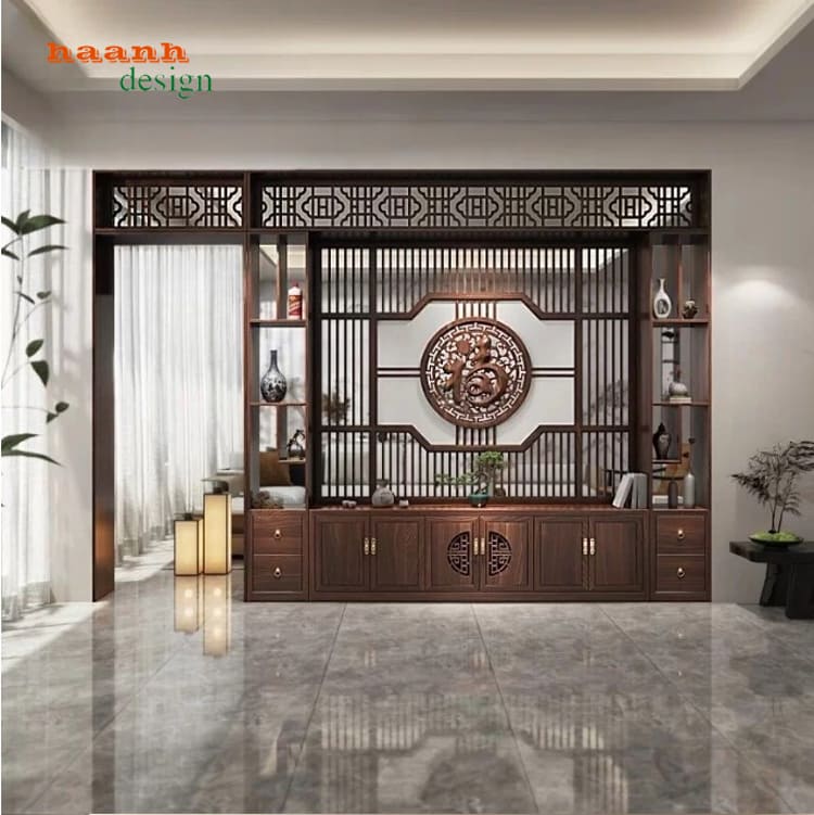 TGC 010 với tông nâu trầm nổi bật Tủ trang trí TGC 010 tông nâu đặt trên nền sáng