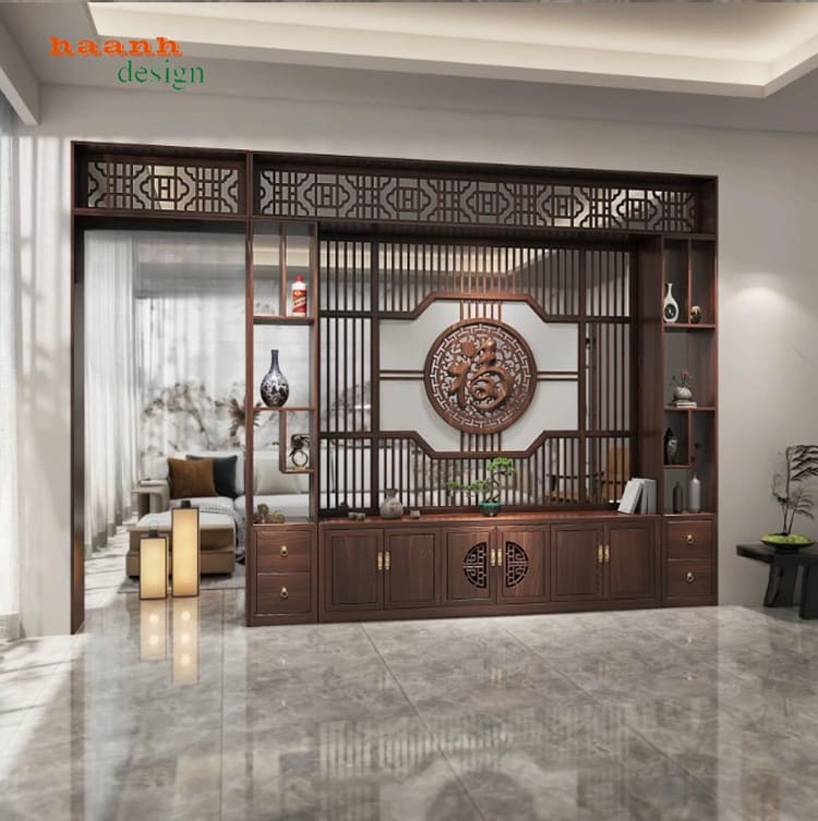 Bố cục TGC 010 có kệ mở hai bên TGC 010 với khối kệ hai bên và họa tiết giữa