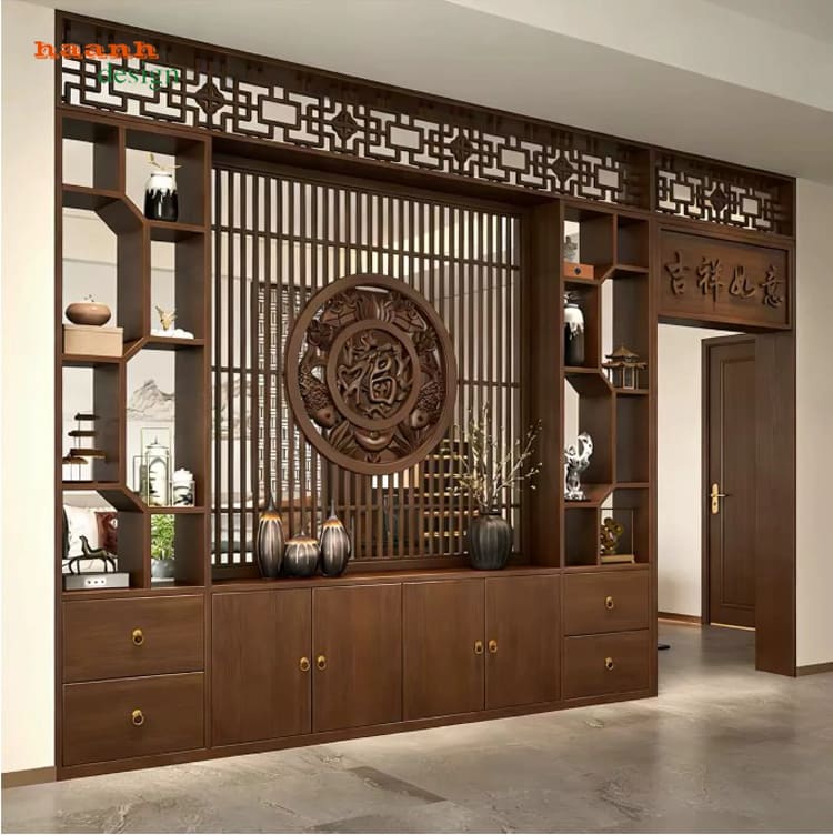 Góc nhìn nghiêng của phương án TGC 010 Góc nghiêng tủ trang trí TGC 010 có kệ hai bên