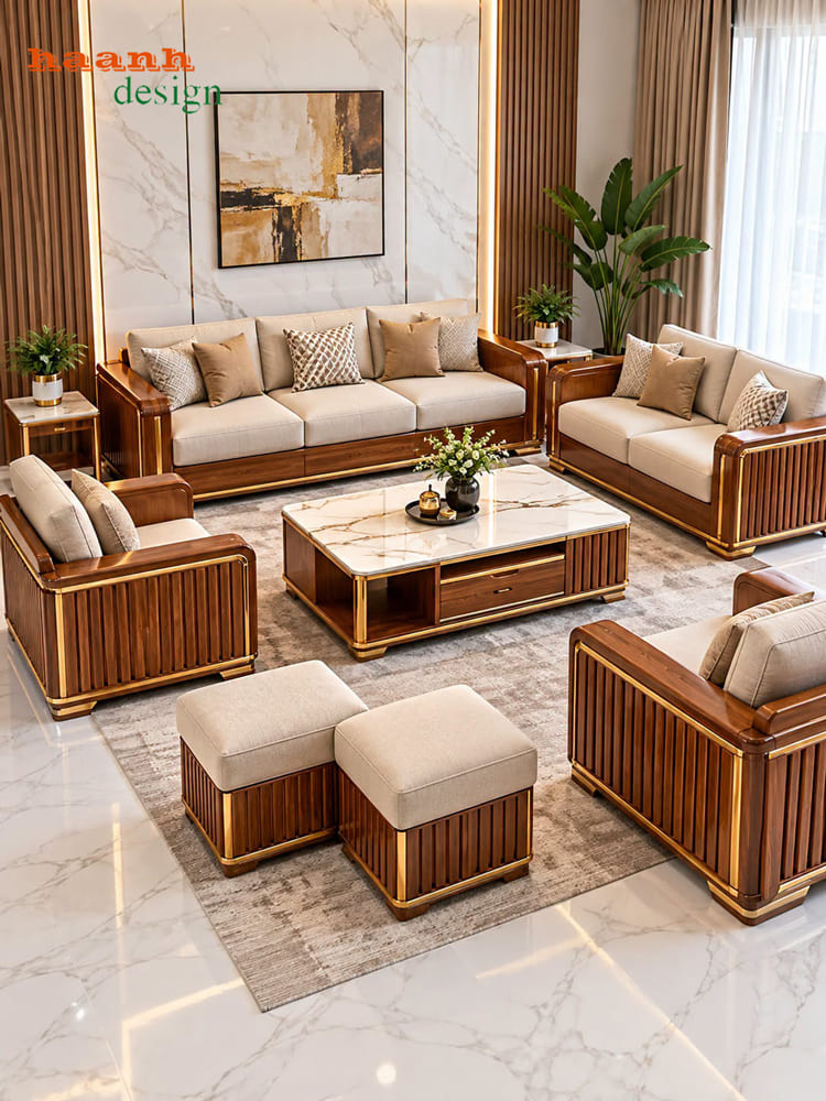 Kh&ocirc;ng gian ph&ograve;ng kh&aacute;ch bố tr&iacute; sofa gỗ, ghế đơn v&agrave; hai đ&ocirc;n bọc đệm