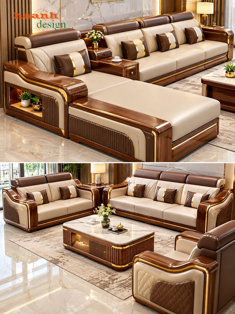 H&igrave;nh gh&eacute;p tham khảo sofa gỗ c&oacute; phần ghế d&agrave;i duỗi ch&acirc;n v&agrave; phương &aacute;n ghế rời